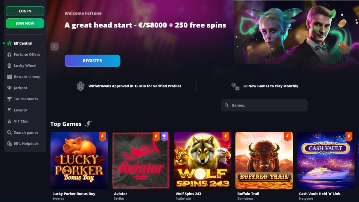 Lucky Elf Casino: Up to &euro;8000 and 250 Free Spins